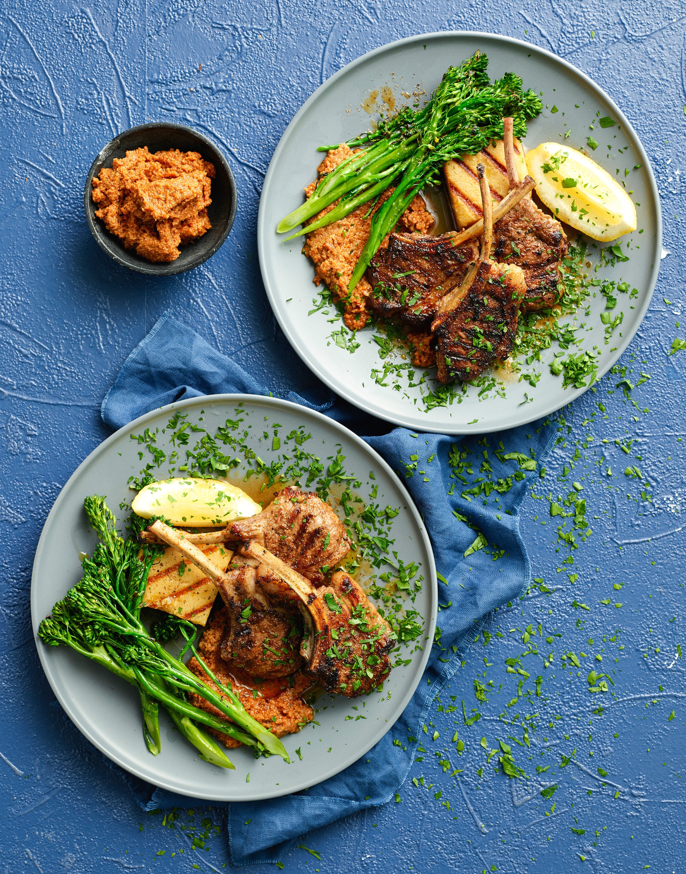 Spicy Lamb Cutlets with Romesco and Grilled Polenta – Roughcut Studio