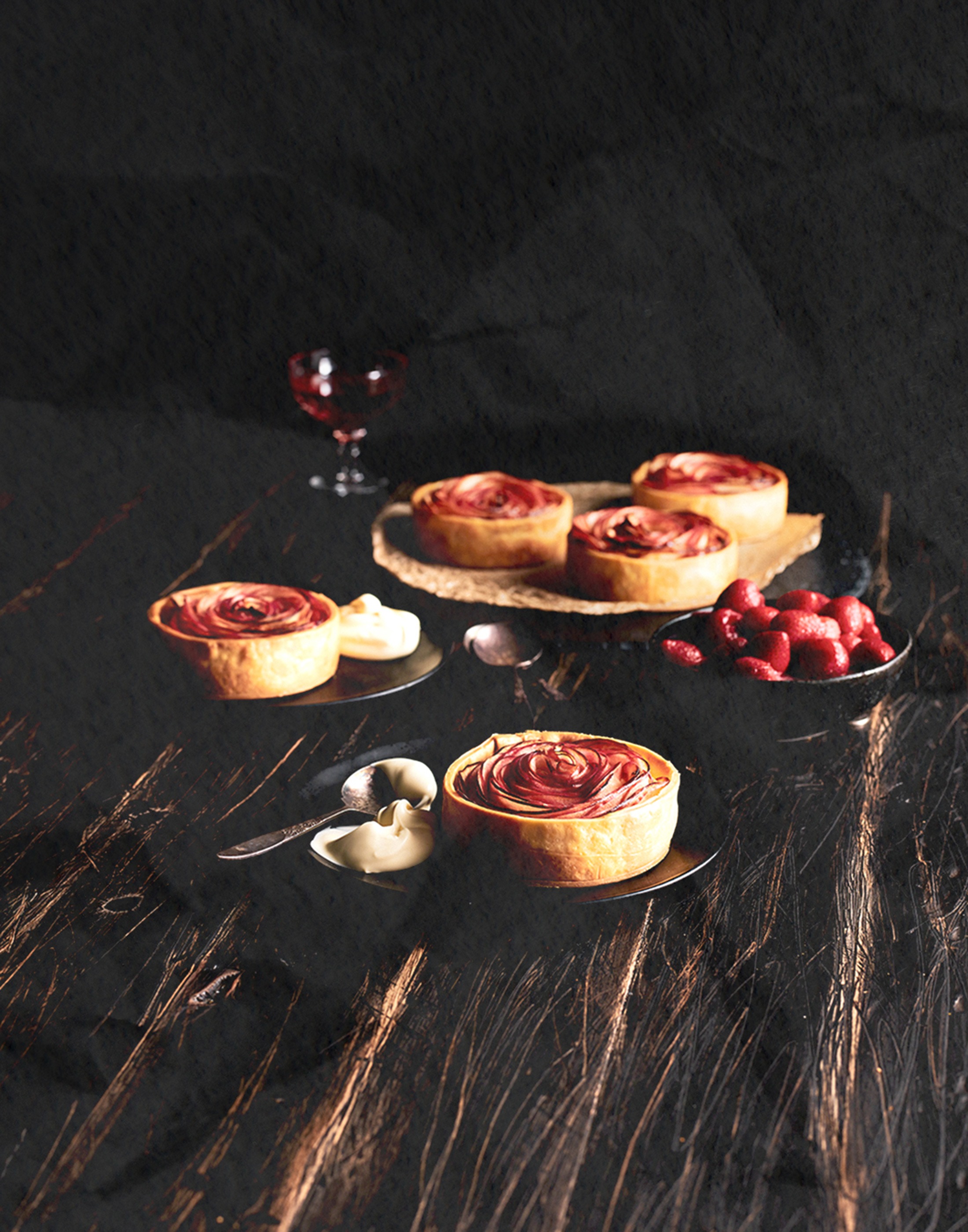 AUTUMN EDIT Apple Rose Tarts with Marinated Strawberries and Cinnamon Cream