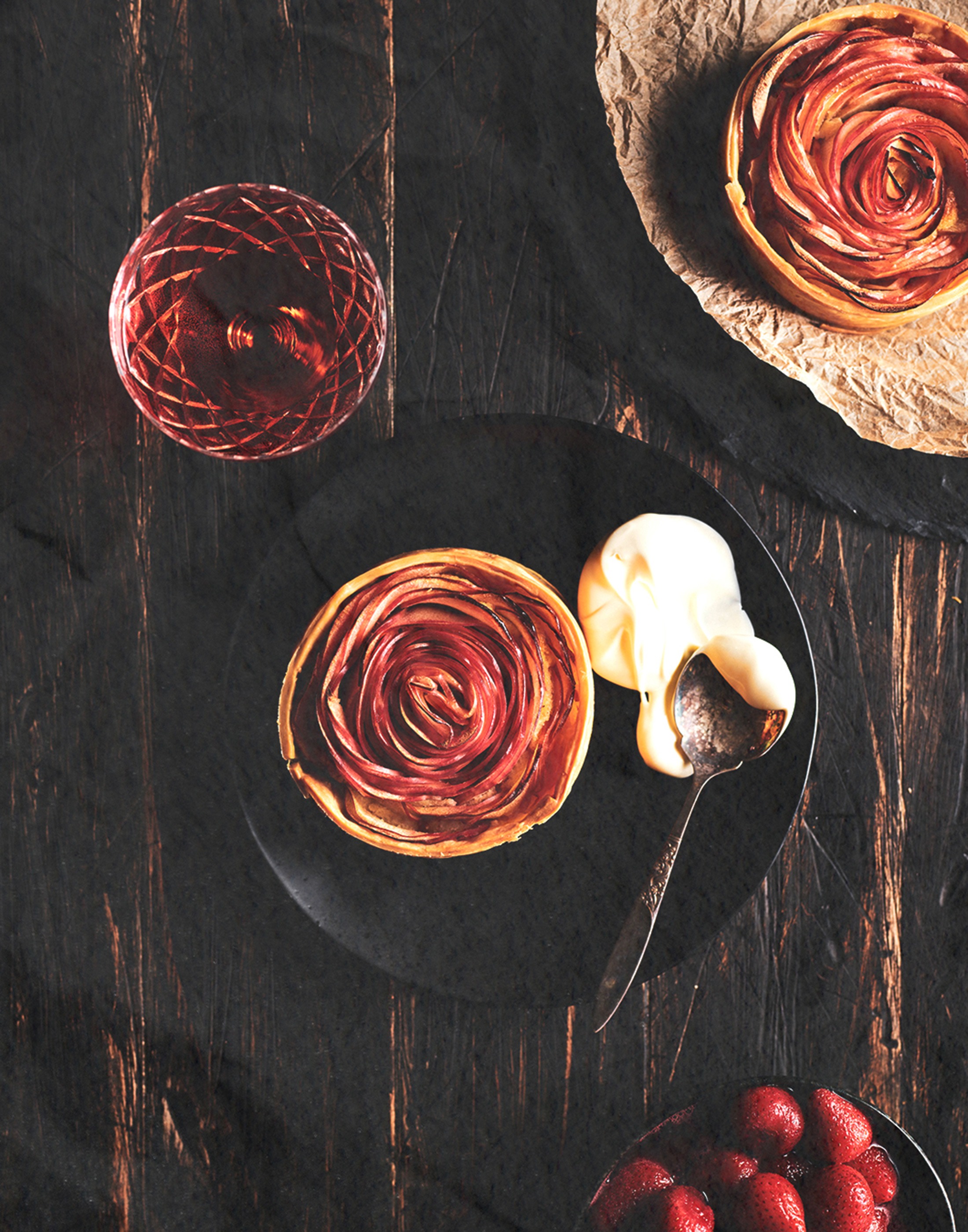 AUTUMN EDIT Apple Rose Tarts with Marinated Strawberries and Cinnamon Cream