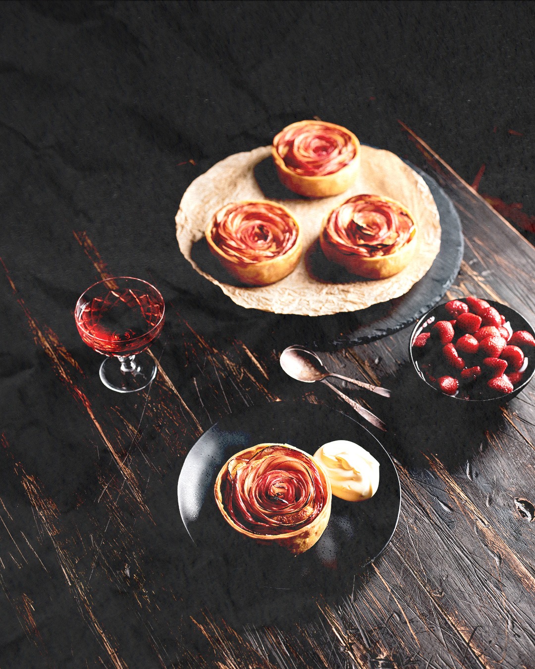 AUTUMN EDIT Apple Rose Tarts with Marinated Strawberries and Cinnamon Cream